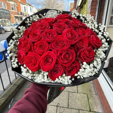 30 Red Roses Bouquet with Gypsophila Collar